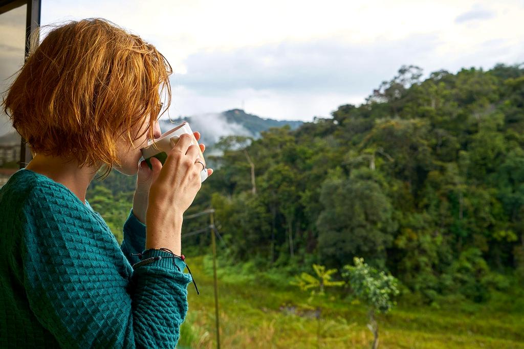 Precision pour-over coffee brewing with steam rising from cup